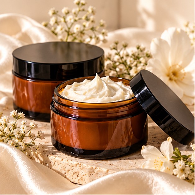 Unbranded amber body butter jars with plain black lids